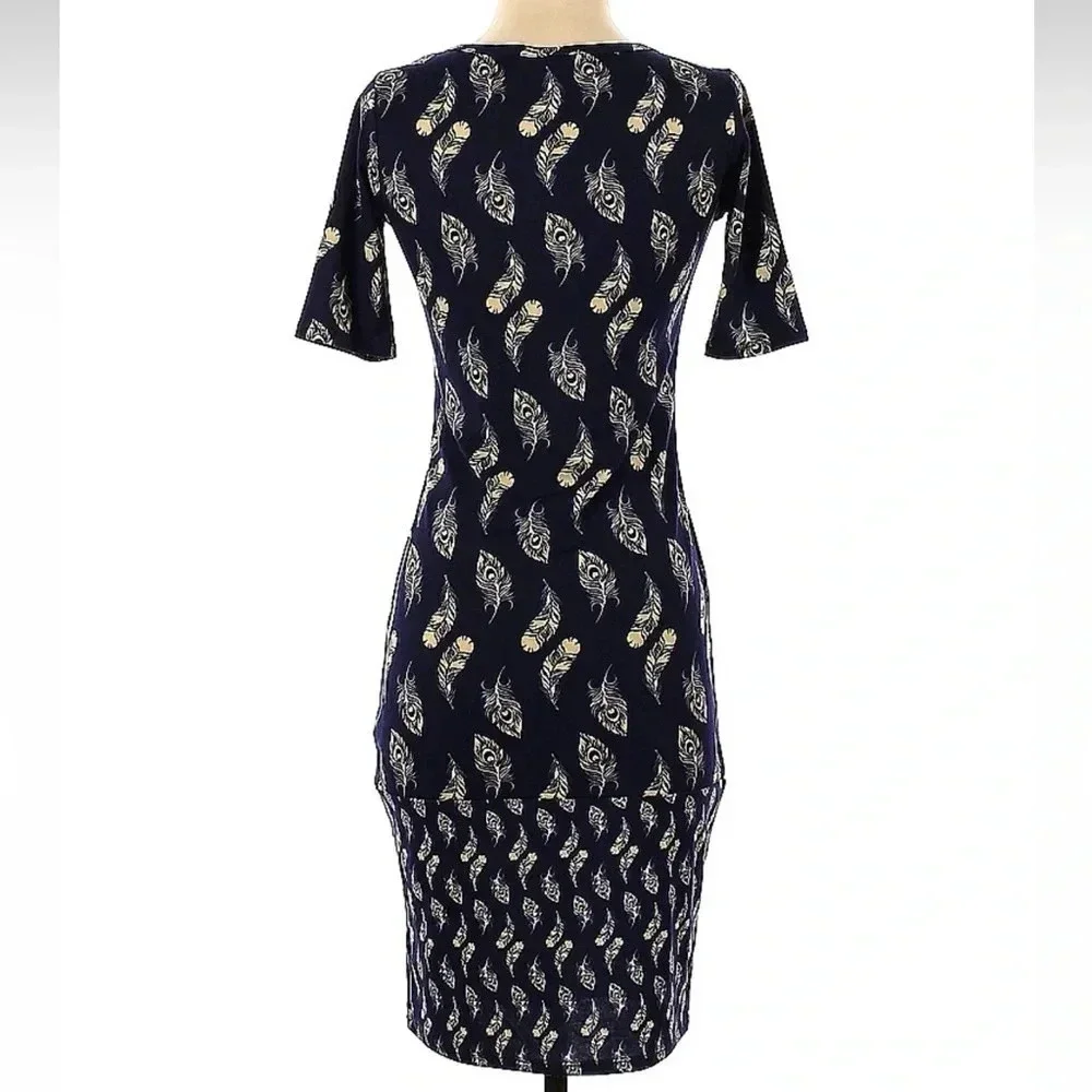 LuLaRoe Fitted Julia Midi Dress Navy Yellow Feathers Aztec Southwestern Size XS